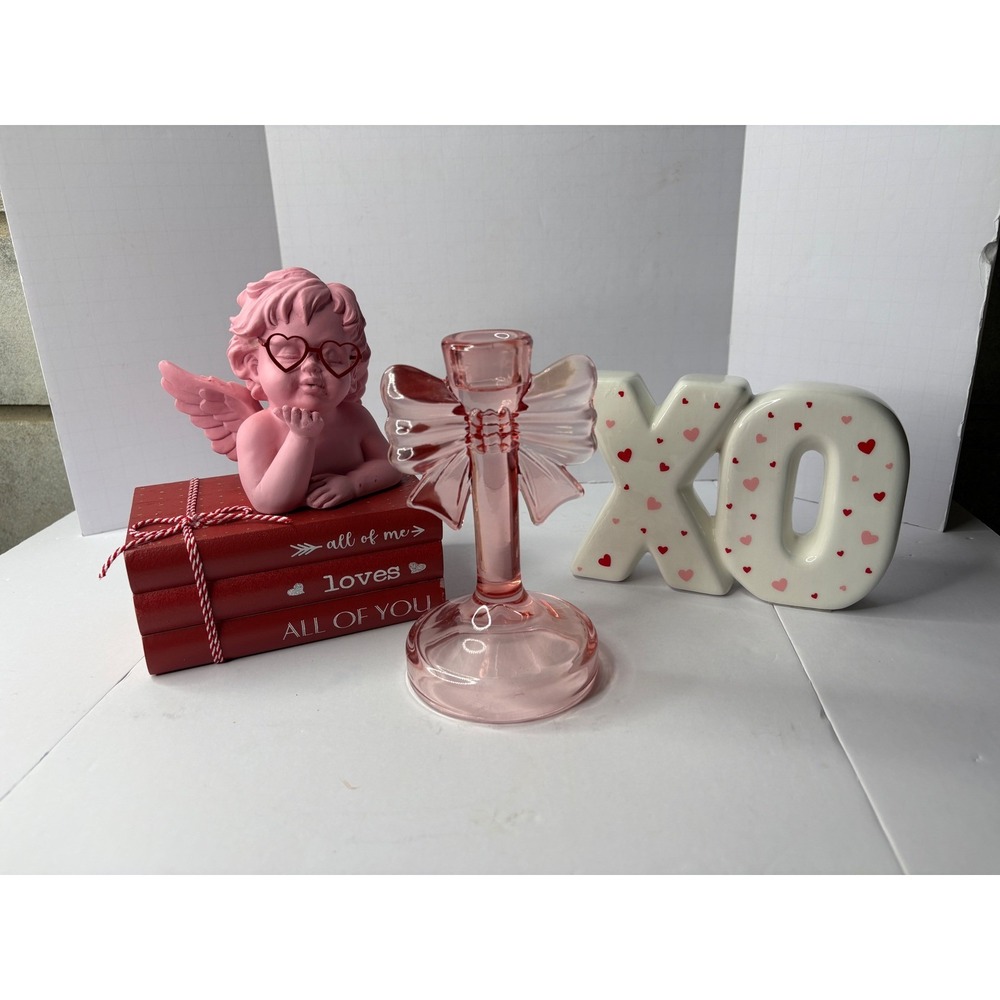 Valentine's Day Decor Bundle‎ Pink Cherub Bow Candle Holder XO Sign Book Stack